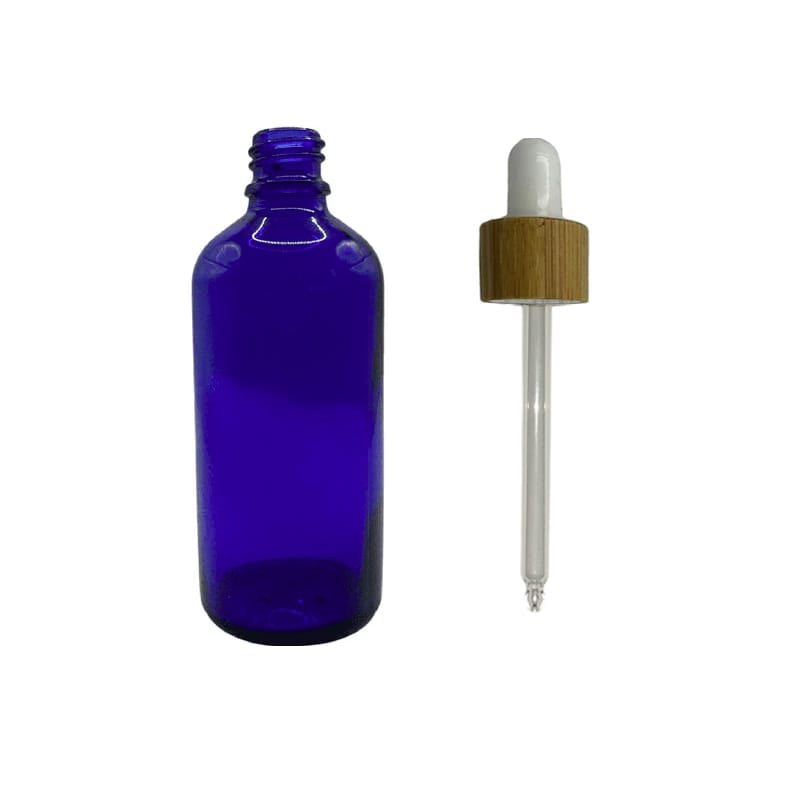 100ml Blue Glass Dropper Bottle with White Bamboo Dropper