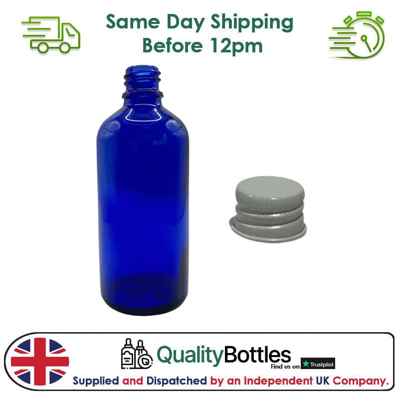 100ml Blue Glass Dropper Bottle with White DIN18 Cap - Pack of 12