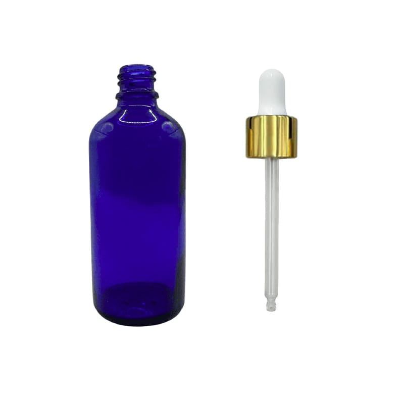 100ml Blue Glass Dropper Bottle with White & Gold Dropper