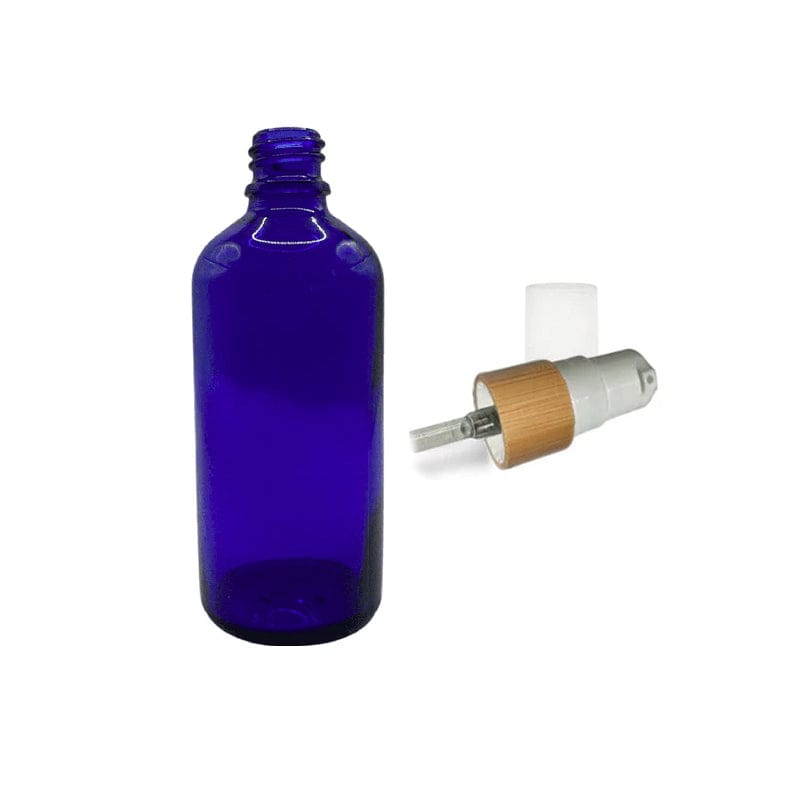 100ml Blue Glass Dropper Bottle with White Lotion Pump with Bamboo Collar and Clear Over Cap