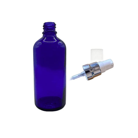100ml Blue Glass Dropper Bottle with White Lotion Pump with Silver Collar and Clear Over Cap