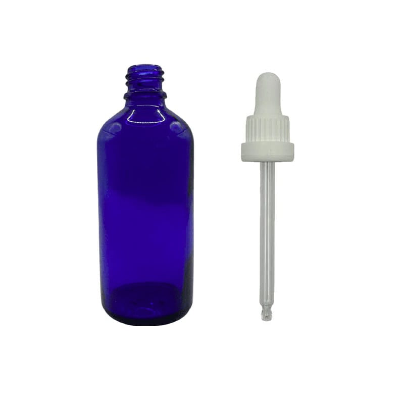 100ml Blue Glass Dropper Bottle with White Tamper Evident Dropper (Type III)