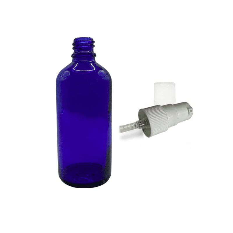 100ml Blue Glass Dropper Bottle with White Tamper Evident Lotion Pump and Clear Over Cap (Type III)