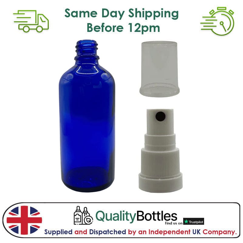100ml Blue Glass Dropper Bottle with White TE Atomiser - Pack of 12