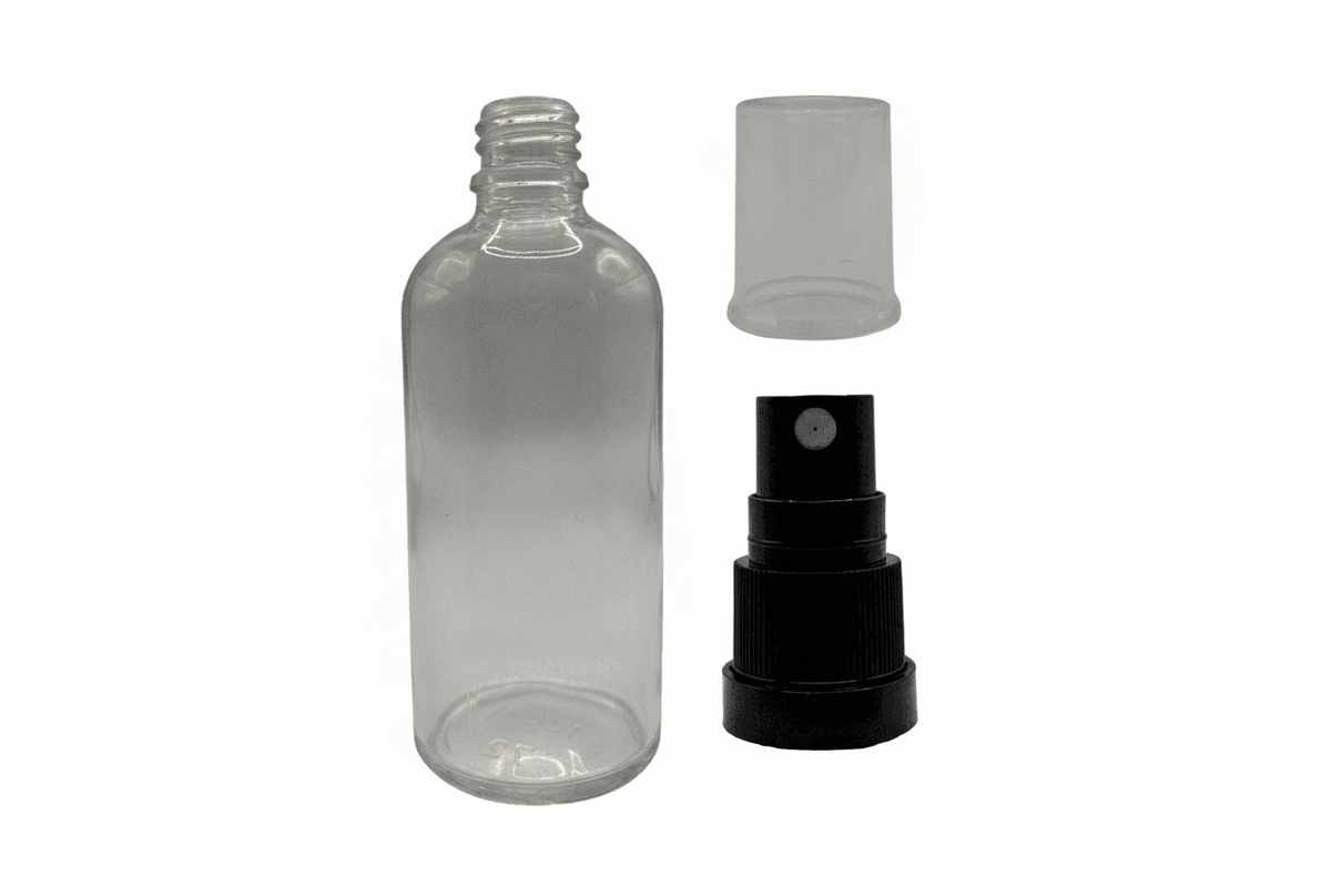 100ml Clear Glass Dropper Bottle & Black Tamper Evident Atomiser