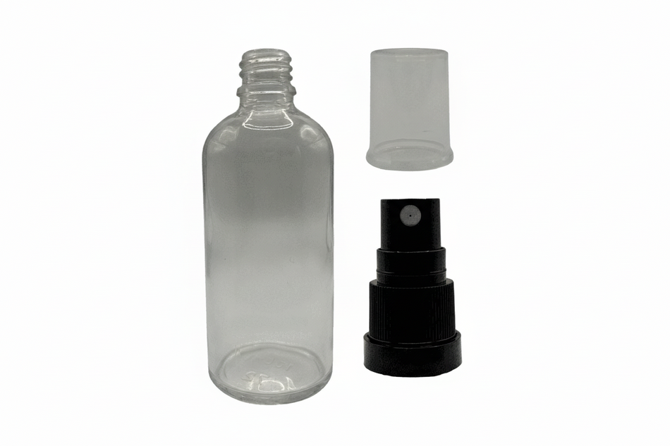 100ml Clear Glass Dropper Bottle & Black Tamper Evident Atomiser