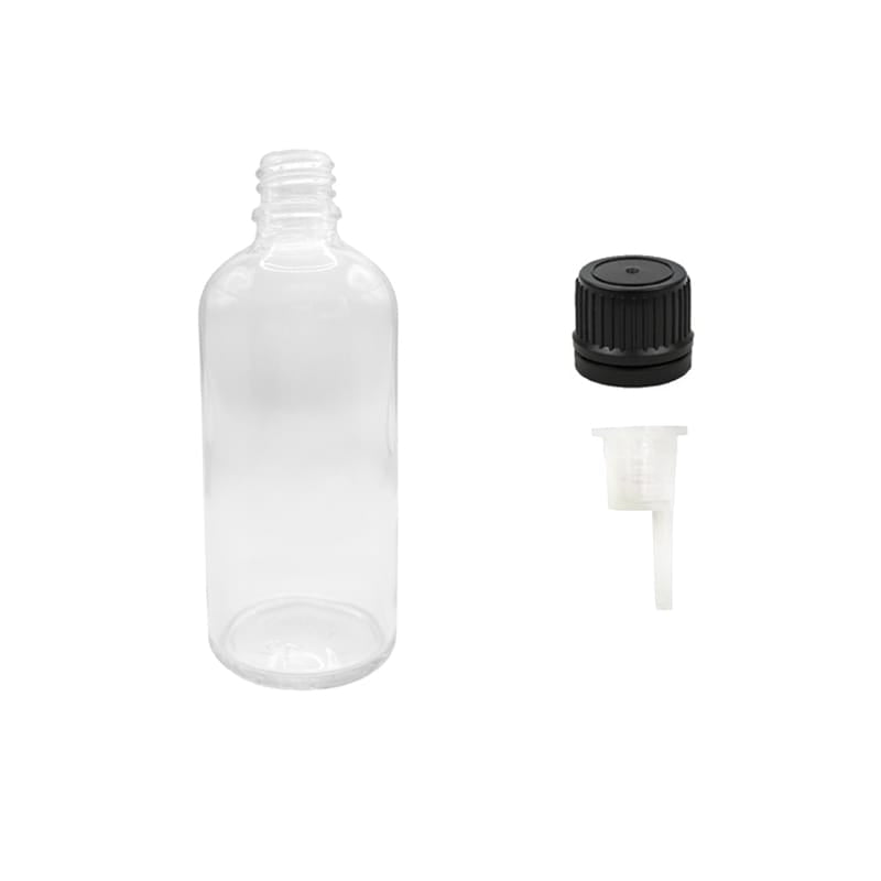 100ml Clear Glass Dropper Bottle with 0.6mm Dripper Insert and Tamper Evident Black Cap (Type II)