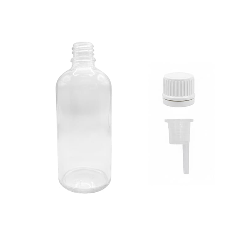 100ml Clear Glass Dropper Bottle with 0.6mm Dripper Insert and Tamper Evident White Cap (Type II)