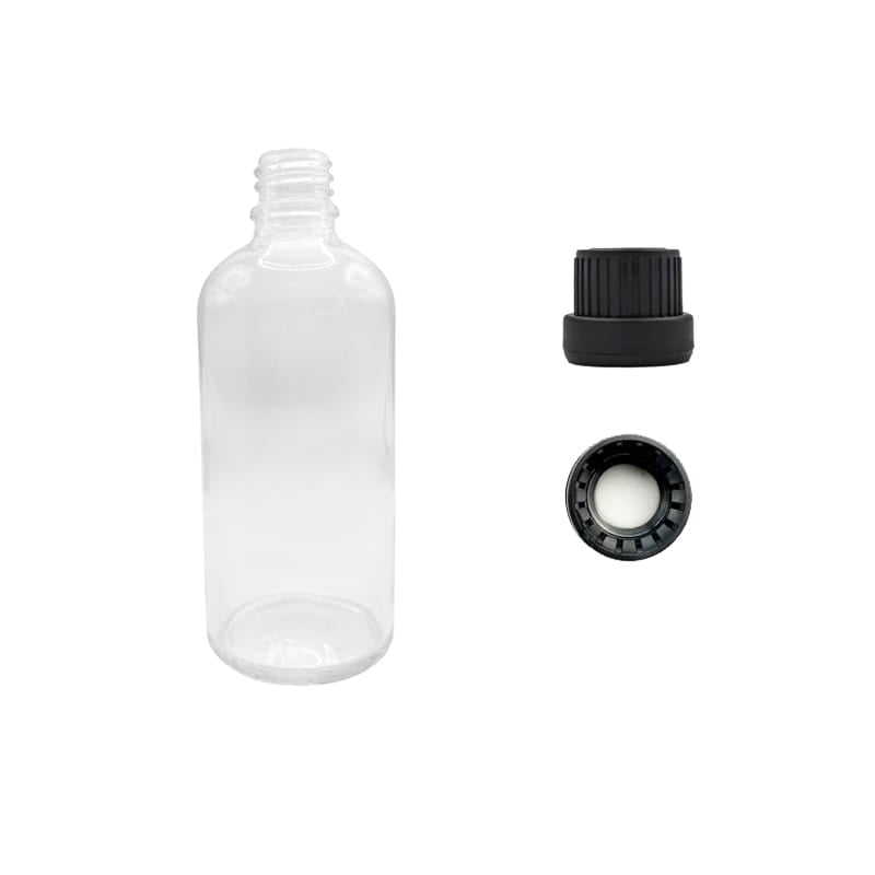 100ml Clear Glass Dropper Bottle with Tamper Evident Ribbed Black Cap and EPE Liner (Type III)