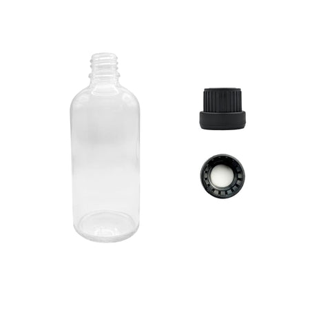100ml Clear Glass Dropper Bottle with Tamper Evident Ribbed Black Cap and EPE Liner (Type III)