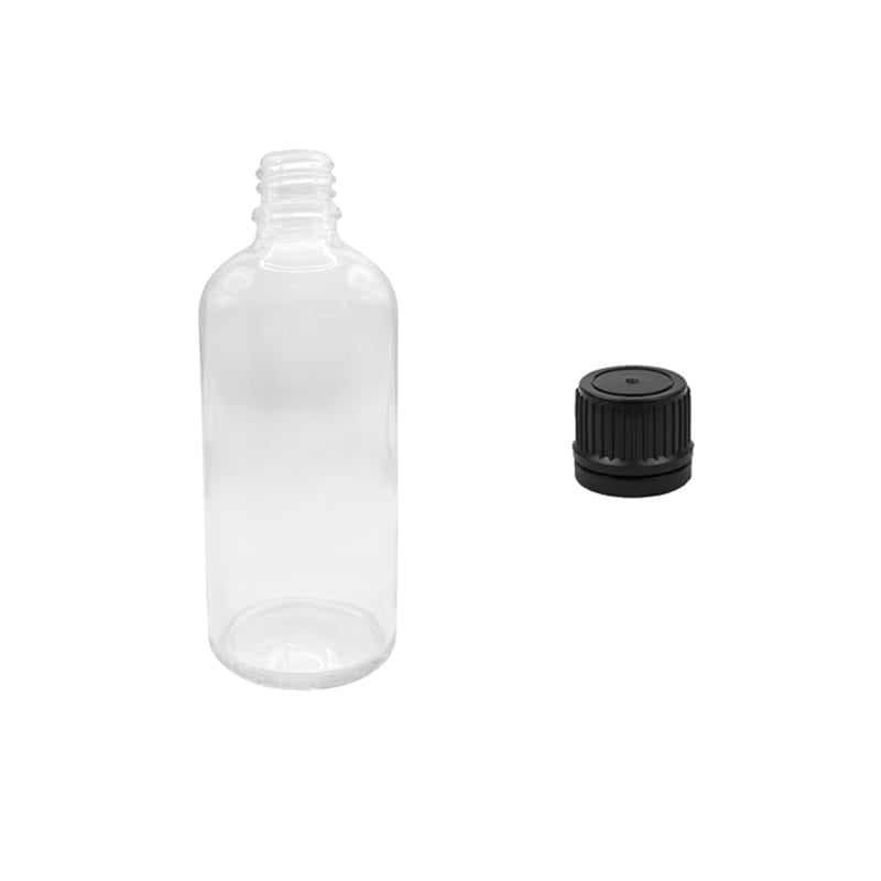 100ml Clear Glass Dropper Bottle with Tamper Evident Ribbed Black Cap (Type II)