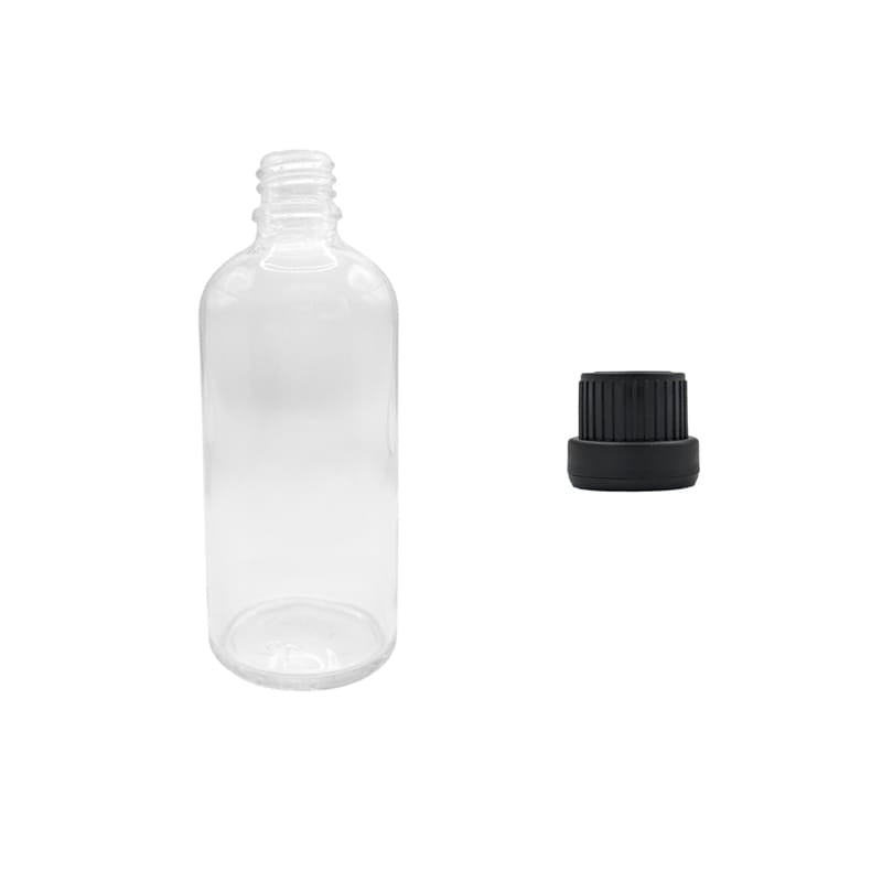 100ml Clear Glass Dropper Bottle with Tamper Evident Ribbed Black Cap (Type III)