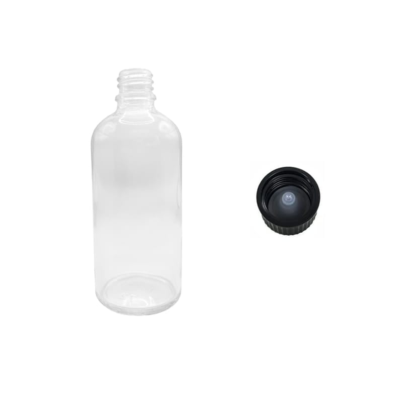 100ml Clear Glass Dropper Bottle with Urea Black Cap with Polycone Insert DIN 18mm