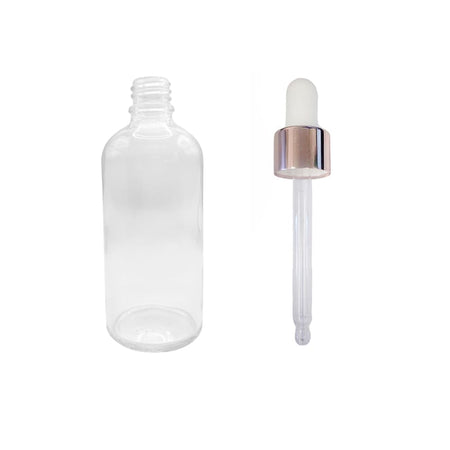 100ml Clear Glass Dropper Bottle with White & Rose Gold Dropper