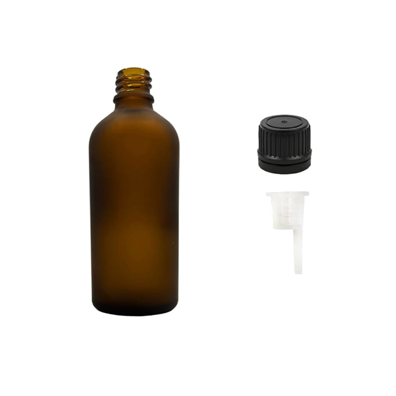 100ml Frosted Amber Glass Dropper Bottle with 0.6mm Dripper Insert and Tamper Evident Black Cap (Type II)