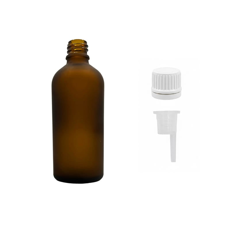 100ml Frosted Amber Glass Dropper Bottle with 0.6mm Dripper Insert and Tamper Evident White Cap (Type II)