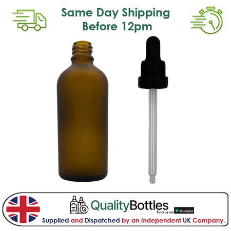 100ml Frosted Amber Glass Dropper Bottle with 100ml Black TE BEP - Pack of 12