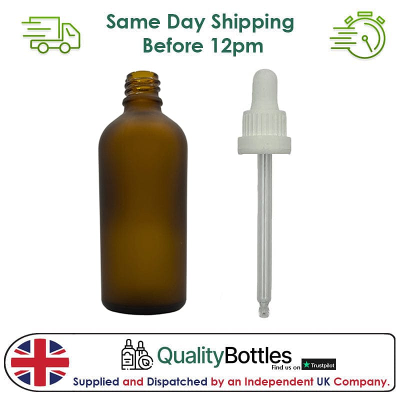 100ml Frosted Amber Glass Dropper Bottle with 100ml White TE BEP - Pack of 12