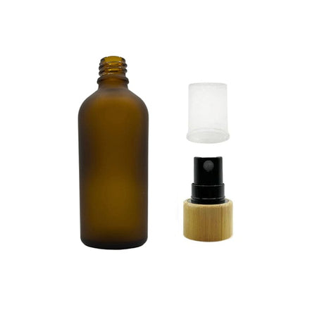 100ml Frosted Amber Glass Dropper Bottle with Black Atomiser with Bamboo Collar and Clear Over Cap