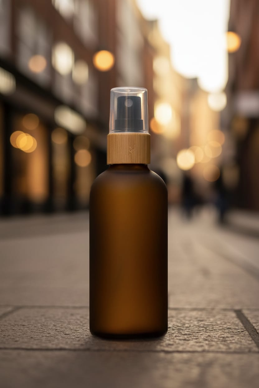 100ml Frosted Amber Glass Dropper Bottle with Black Atomiser with Bamboo Collar and Clear Over Cap