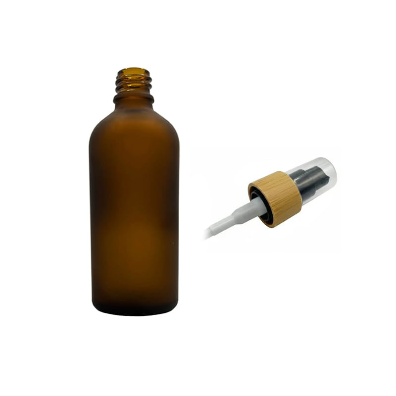 100ml Frosted Amber Glass Dropper Bottle with Black Lotion Pump with Bamboo Collar and Clear Over Cap