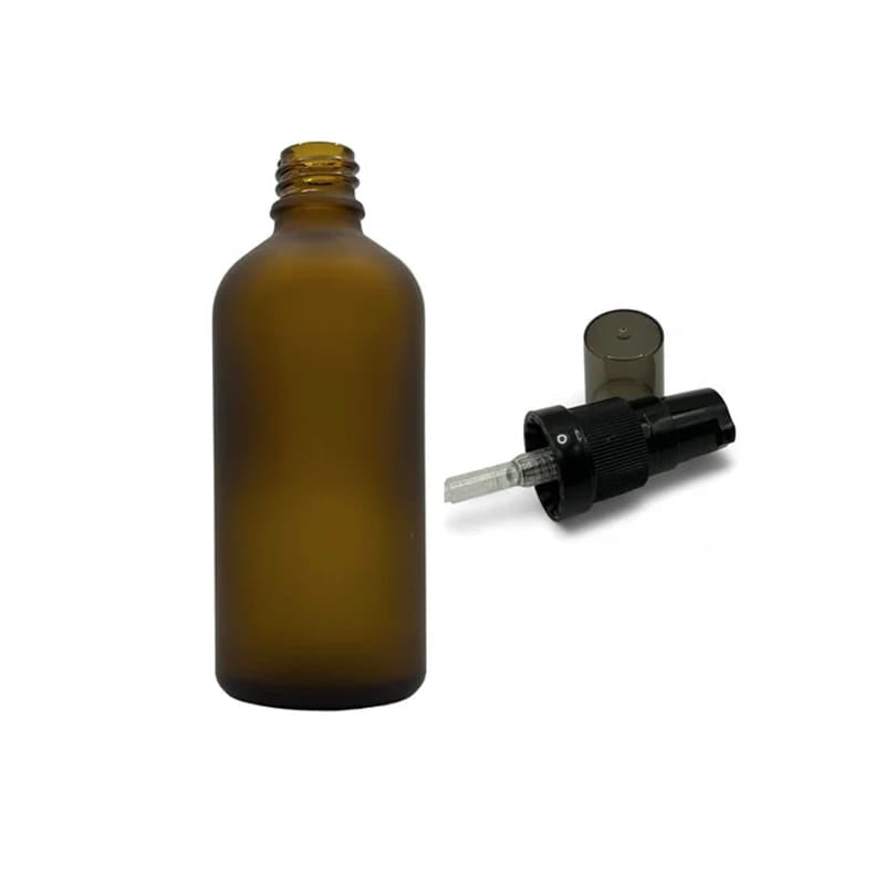 100ml Frosted Amber Glass Dropper Bottle with Black Tamper Evident Lotion Pump with Smoke Tinted Over Cap (Type III)