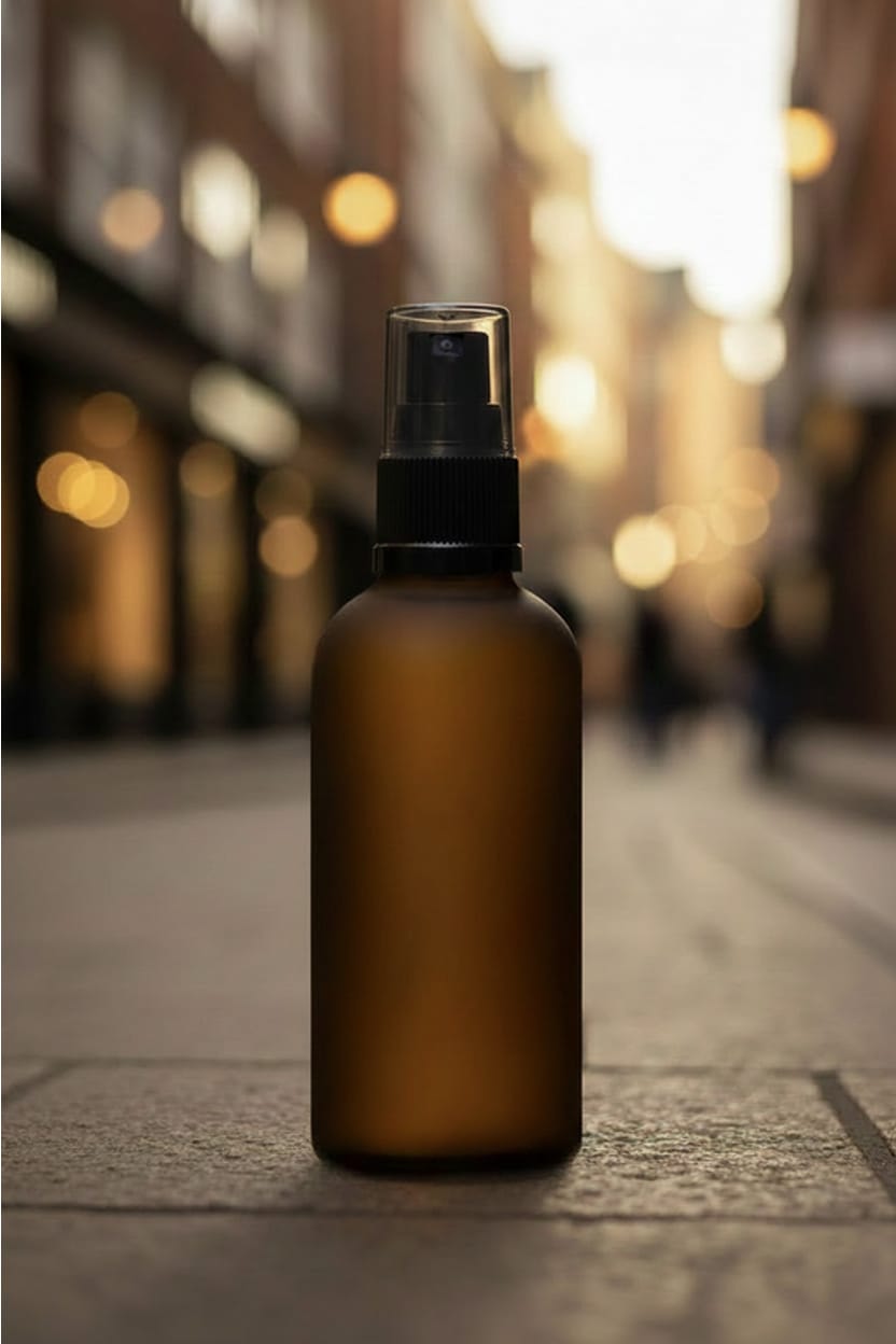 100ml Frosted Amber Glass Dropper Bottle with Black Tamper Evident Lotion Pump with Smoke Tinted Over Cap (Type III)
