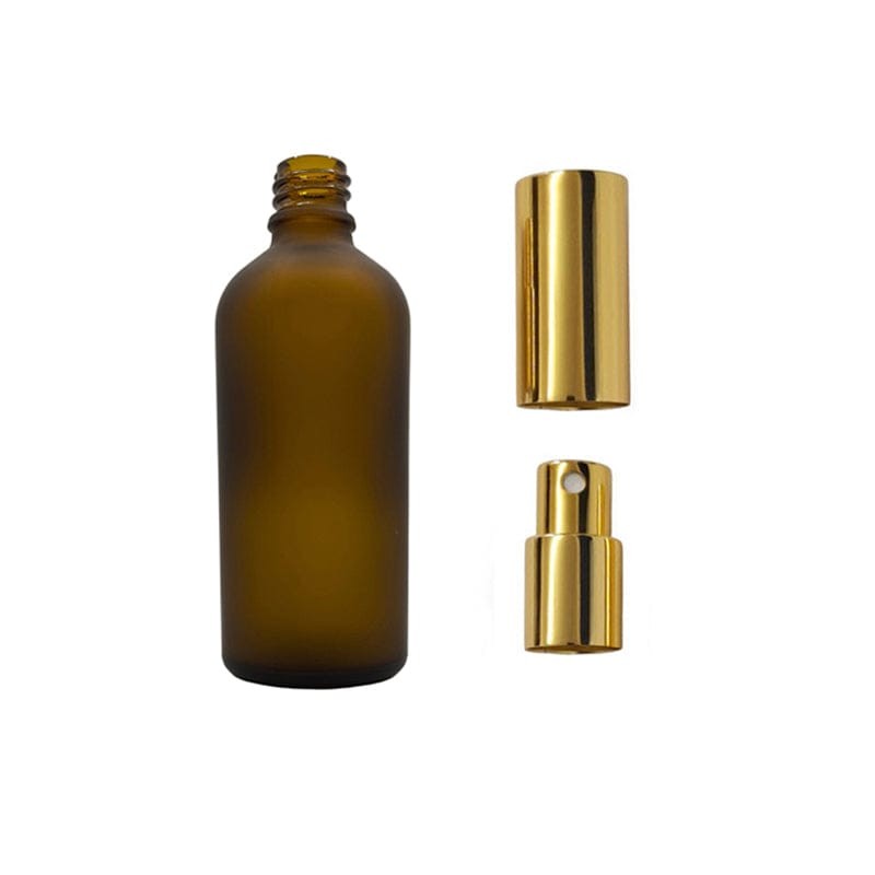 100ml Frosted Amber Glass Dropper Bottle with Gold Atomiser and Gold Over Cap