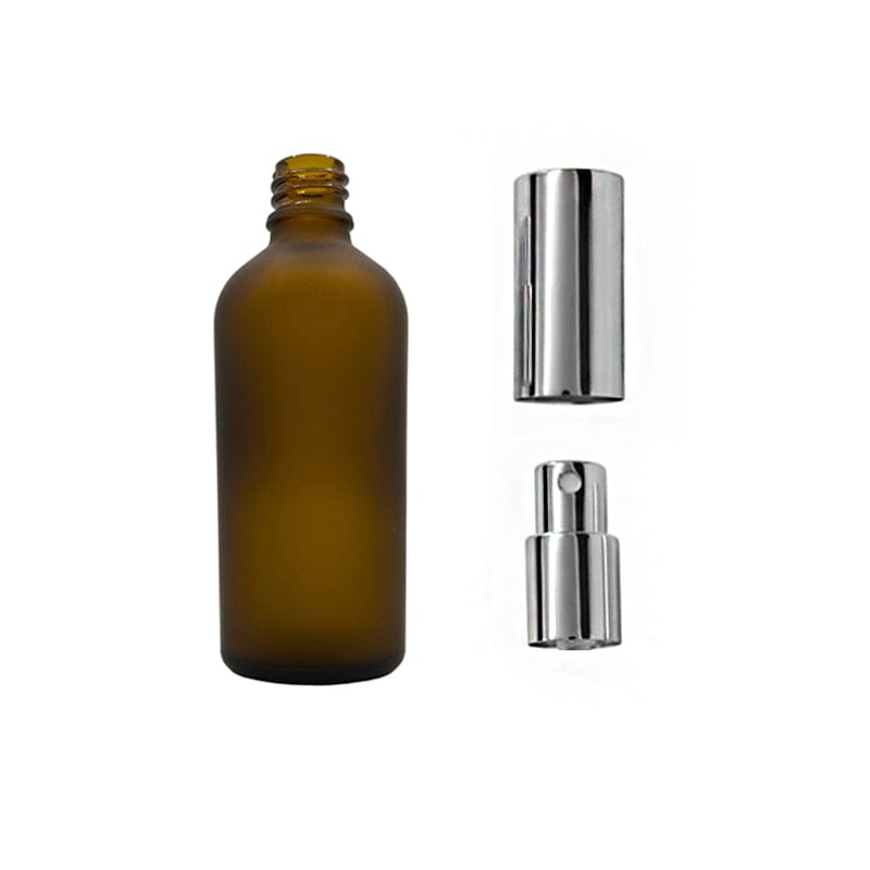 100ml Frosted Amber Glass Dropper Bottle with Silver Atomiser and Silver Over Cap