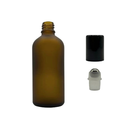 100ml Frosted Amber Glass Dropper Bottle with Stainless Steel Roller Ball and Gloss Black Plastic Lid