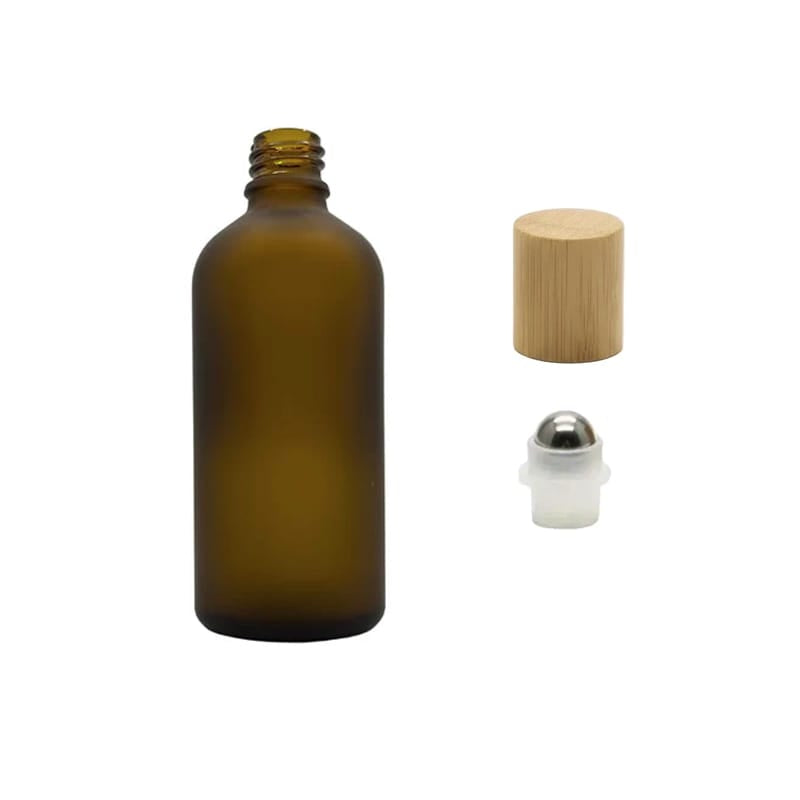 100ml Frosted Amber Glass Dropper Bottle with Stainless Steel Roller Ball Insert with Bamboo Cap