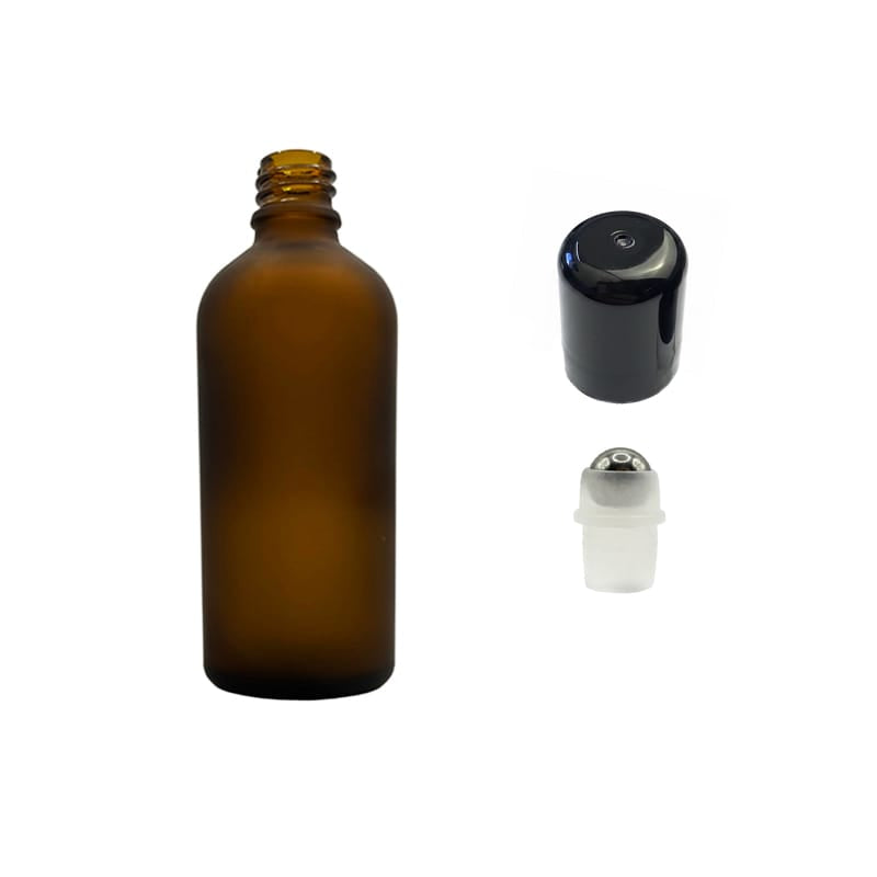 100ml Frosted Amber Glass Dropper Bottle with Stainless Steel Roller Ball with Plastic Black Cap