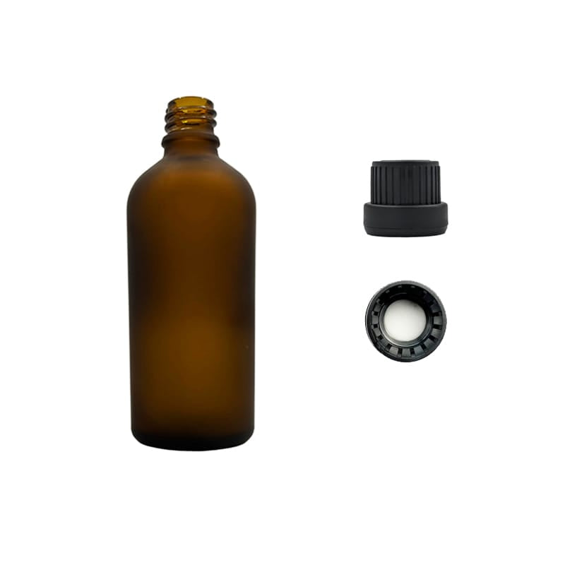 100ml Frosted Amber Glass Dropper Bottle with Tamper Evident Ribbed Black Cap and EPE Liner (Type III)