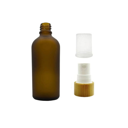 100ml Frosted Amber Glass Dropper Bottle with White Atomiser with Bamboo Collar and Clear Over Cap