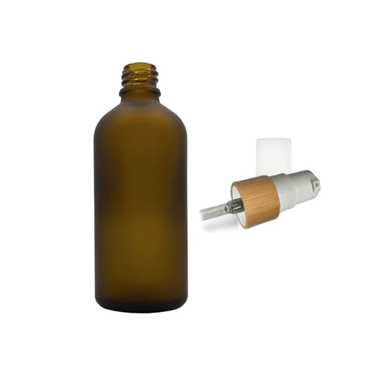 100ml Frosted Amber Glass Dropper Bottle with White Lotion Pump with Bamboo Collar and Clear Over Cap