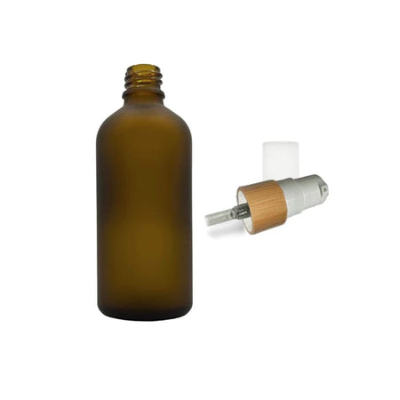 100ml Frosted Amber Glass Dropper Bottle with White Lotion Pump with Bamboo Collar and Clear Over Cap