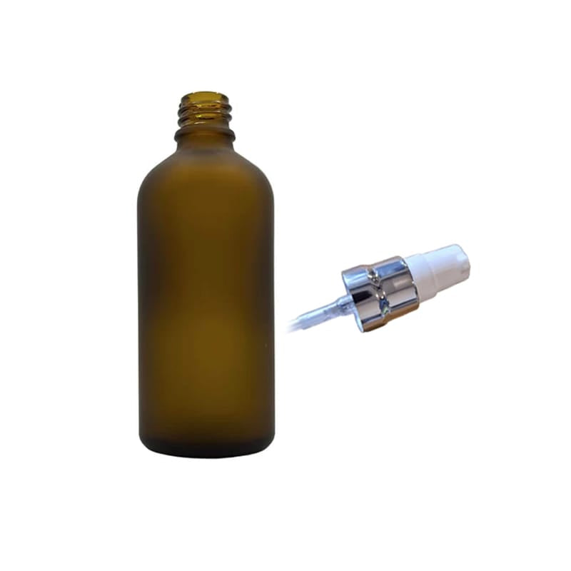 100ml Frosted Amber Glass Dropper Bottle with White Lotion Pump with Silver Collar and Clear Over Cap