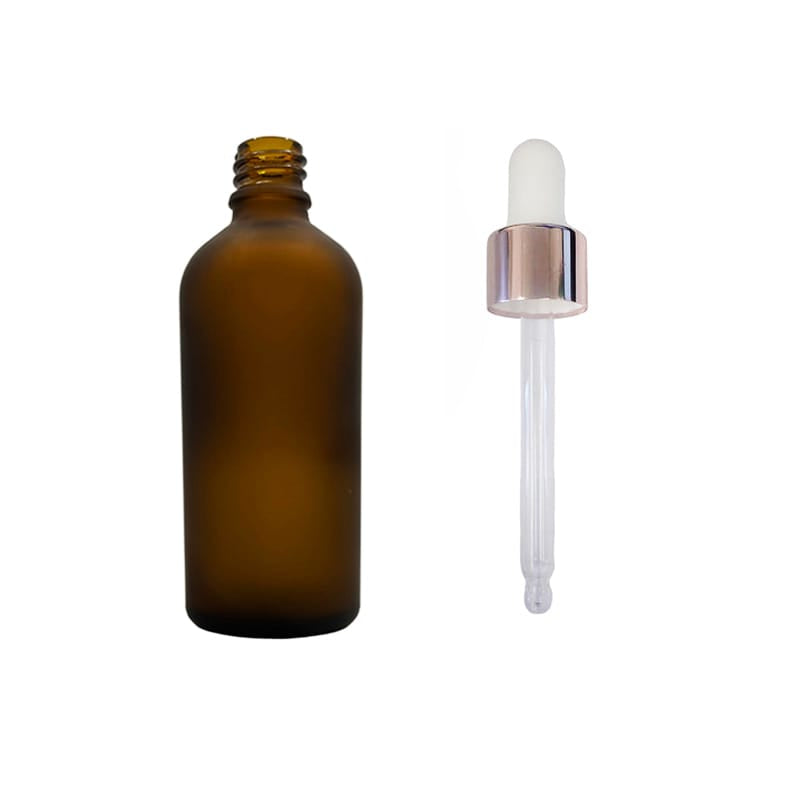 100ml Frosted Amber Glass Dropper Bottle with White & Rose Gold Dropper