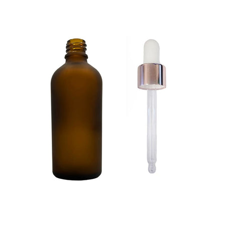100ml Frosted Amber Glass Dropper Bottle with White & Rose Gold Dropper