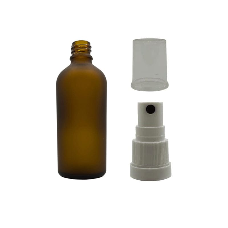 100ml Frosted Amber Glass Dropper Bottle With White Tamper Evident Atomiser with Clear Over Cap (Type III)