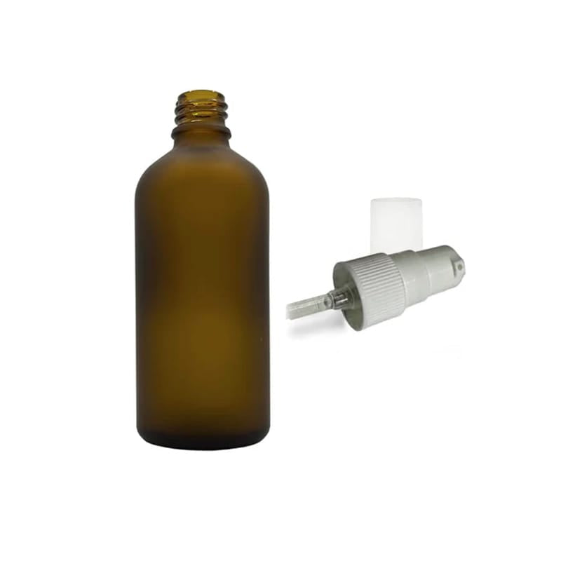 100ml Frosted Amber Glass Dropper Bottle with White Tamper Evident Lotion Pump and Clear Over Cap (Type III)
