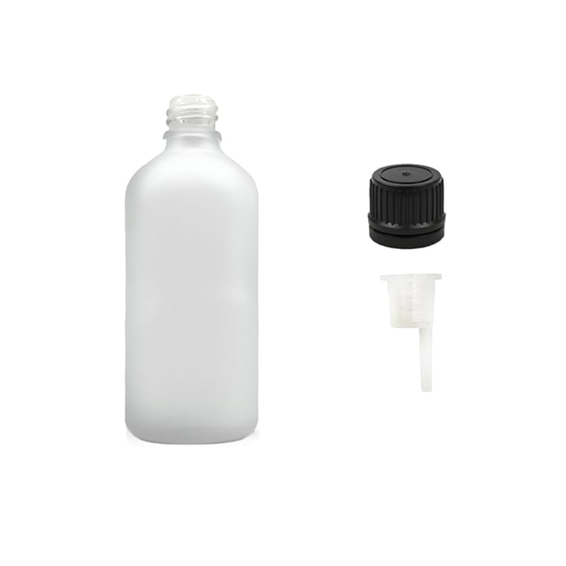 100ml Frosted Clear Glass Dropper Bottle with 0.6mm Dripper Insert and Tamper Evident Black Cap (Type II)