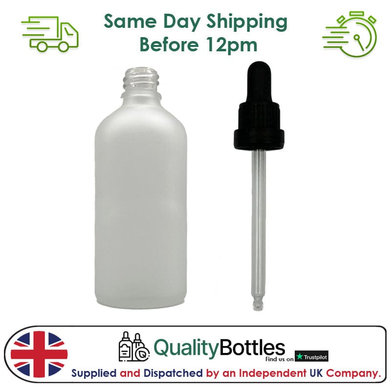 100ml Frosted Clear Glass Dropper Bottle with 100ml Black TE BEP - Pack of 12