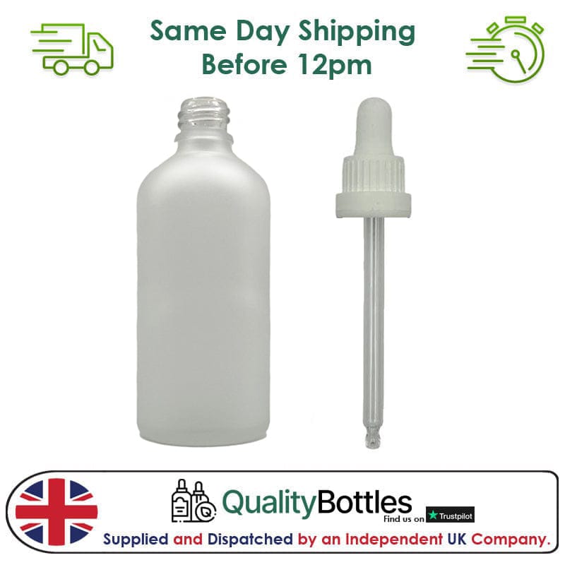 100ml Frosted Clear Glass Dropper Bottle with 100ml White TE BEP - Pack of 12