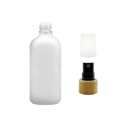 100ml Frosted Clear Glass Dropper Bottle with Black Atomiser with Bamboo Collar and Clear Over Cap