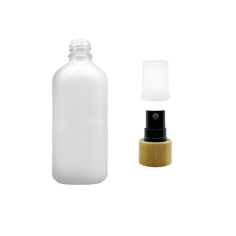 100ml Frosted Clear Glass Dropper Bottle with Black Atomiser with Bamboo Collar and Clear Over Cap