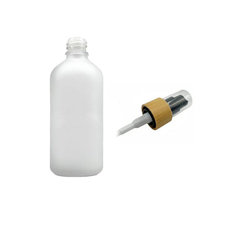 100ml Frosted Clear Glass Dropper Bottle with Black Lotion Pump with Bamboo Collar and Clear Over Cap