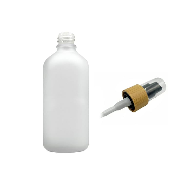 100ml Frosted Clear Glass Dropper Bottle with Black Lotion Pump with Bamboo Collar and Clear Over Cap