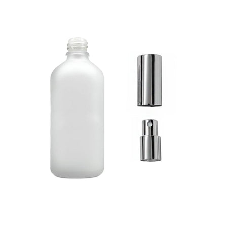 100ml Frosted Clear Glass Dropper Bottle with Silver Atomiser with Silver Over Cap