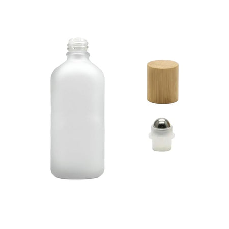 100ml Frosted Clear Glass Dropper Bottle with Stainless Steel Roller Ball Insert with Bamboo Cap